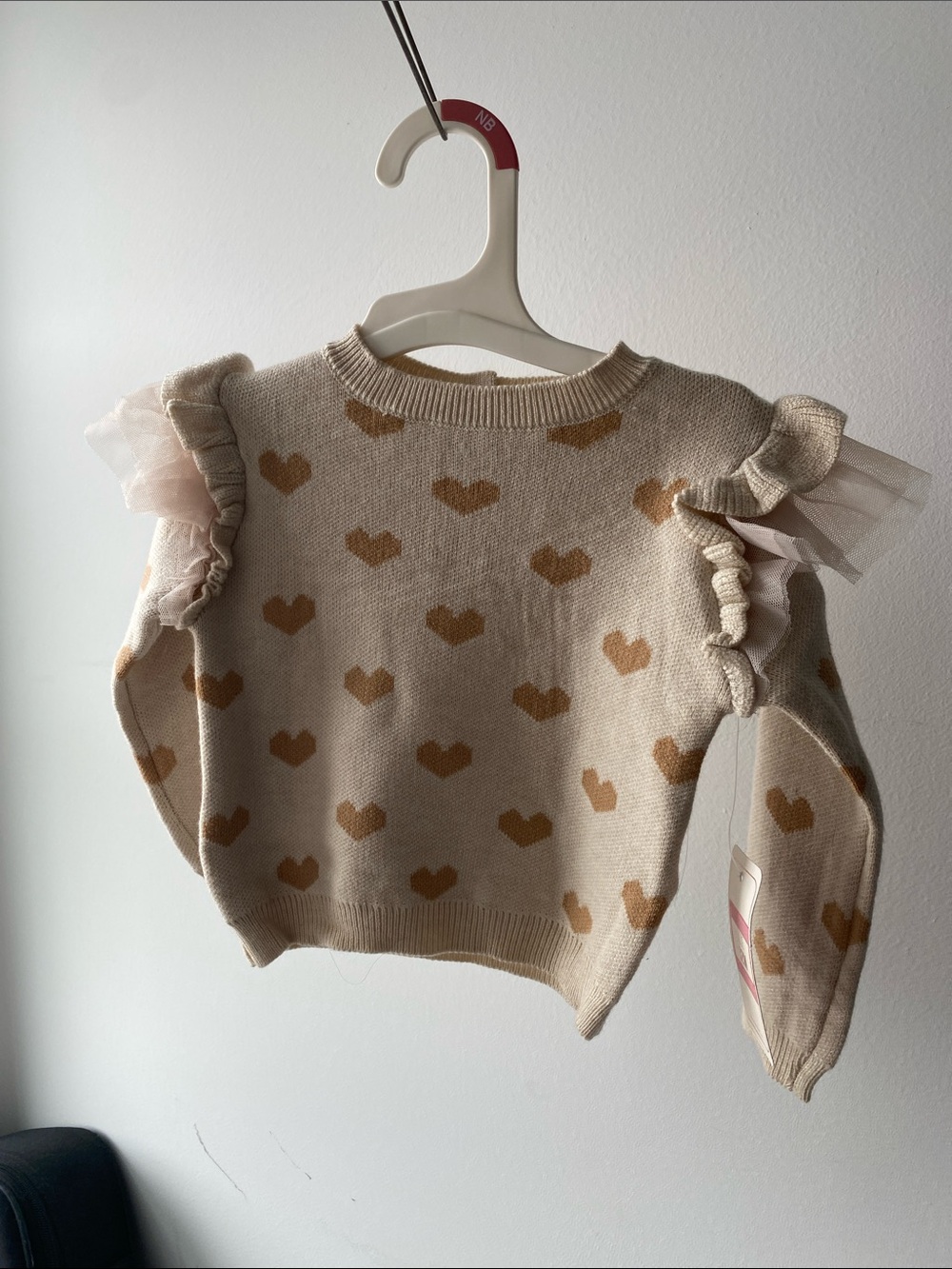Baby Beige Heart Knit Tulle Ruffle Shoulder Sweater